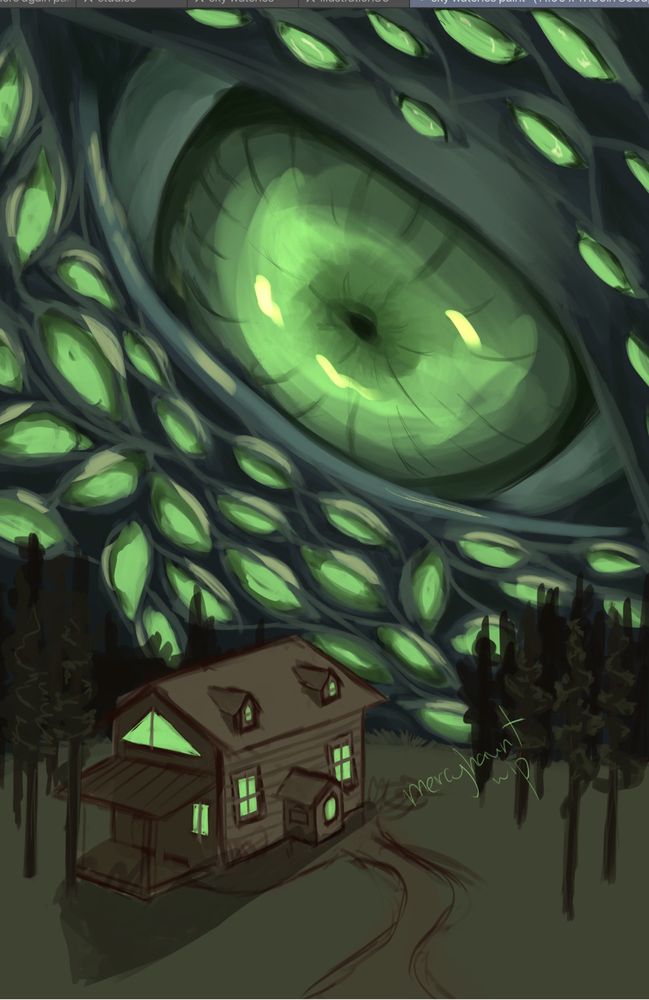 a house sits in the bottom third of the image surrounded by trees. Its windows glow bright green. Above, in the sky, there is a giant, green eye looking down, surrounded by smaller eyes also looking down