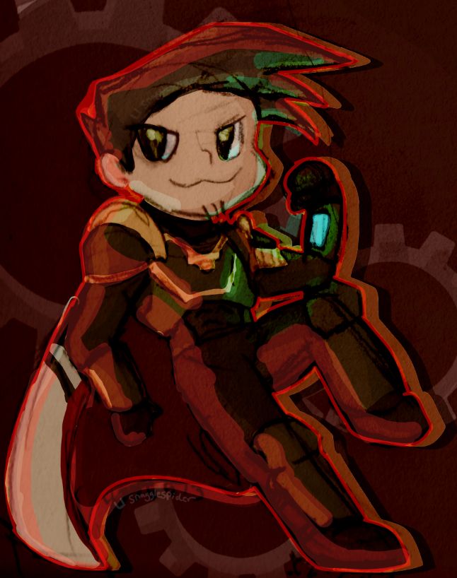 A helldiver wearing hero of the federation armour, with the fallen hero's vengance cape. He poses confidently, looking off screen. He is placed on a crimson background with a gear pattern.
