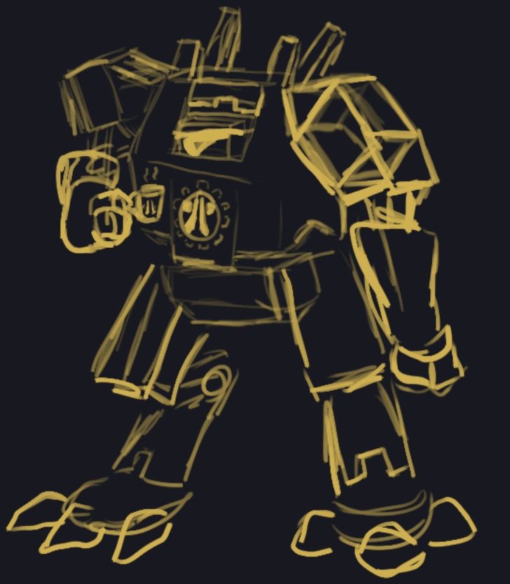 A sketch of a tired Automaton Hulk holding a mug the size of its eye between the thumb and forefinger of its right hand.