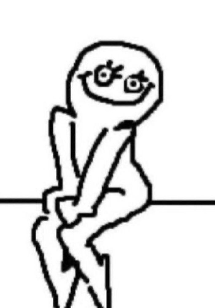 A person with very intense eyes and a big, slightly unsettling smile looking at the camera, sitting pretty