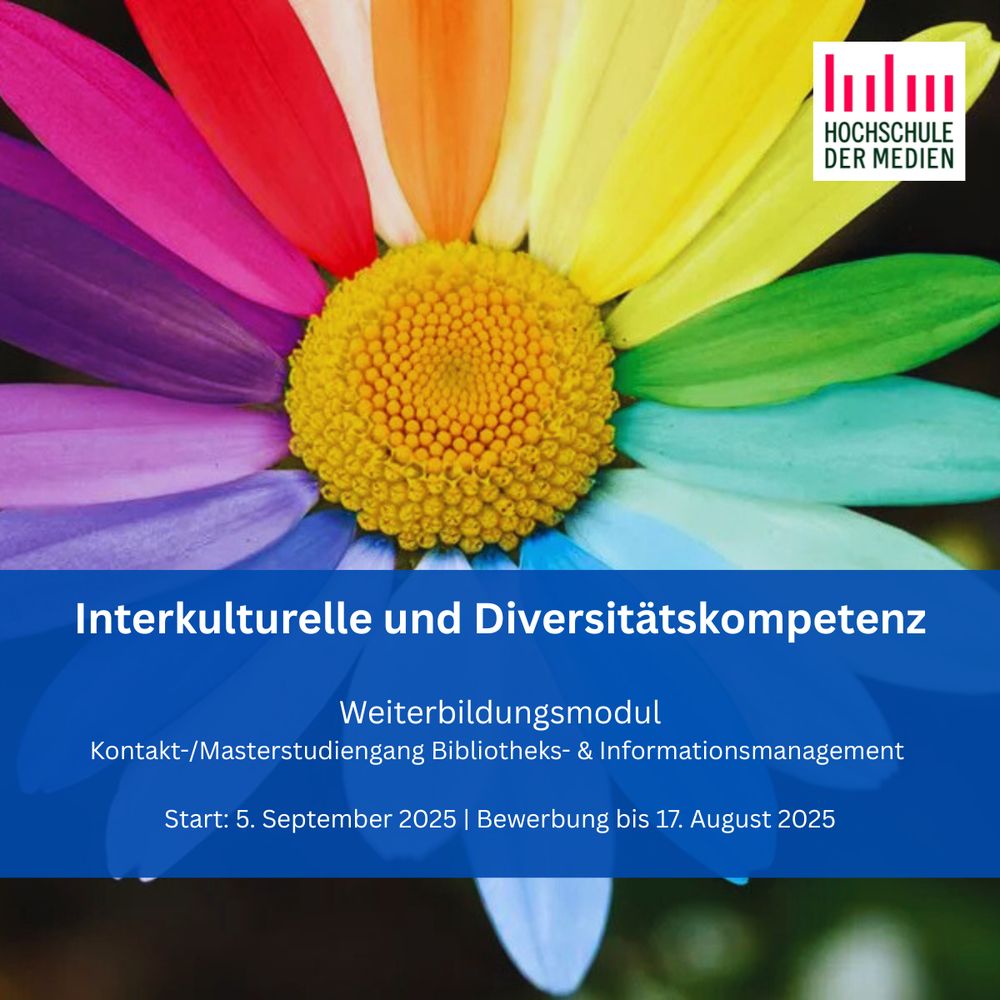 Bunte Blume als Dekoration. Davor der Text: „Interkulturelle und Diversitätskompetenz" - Weiterbildungsmodul Hochschule der Medien Stuttgart