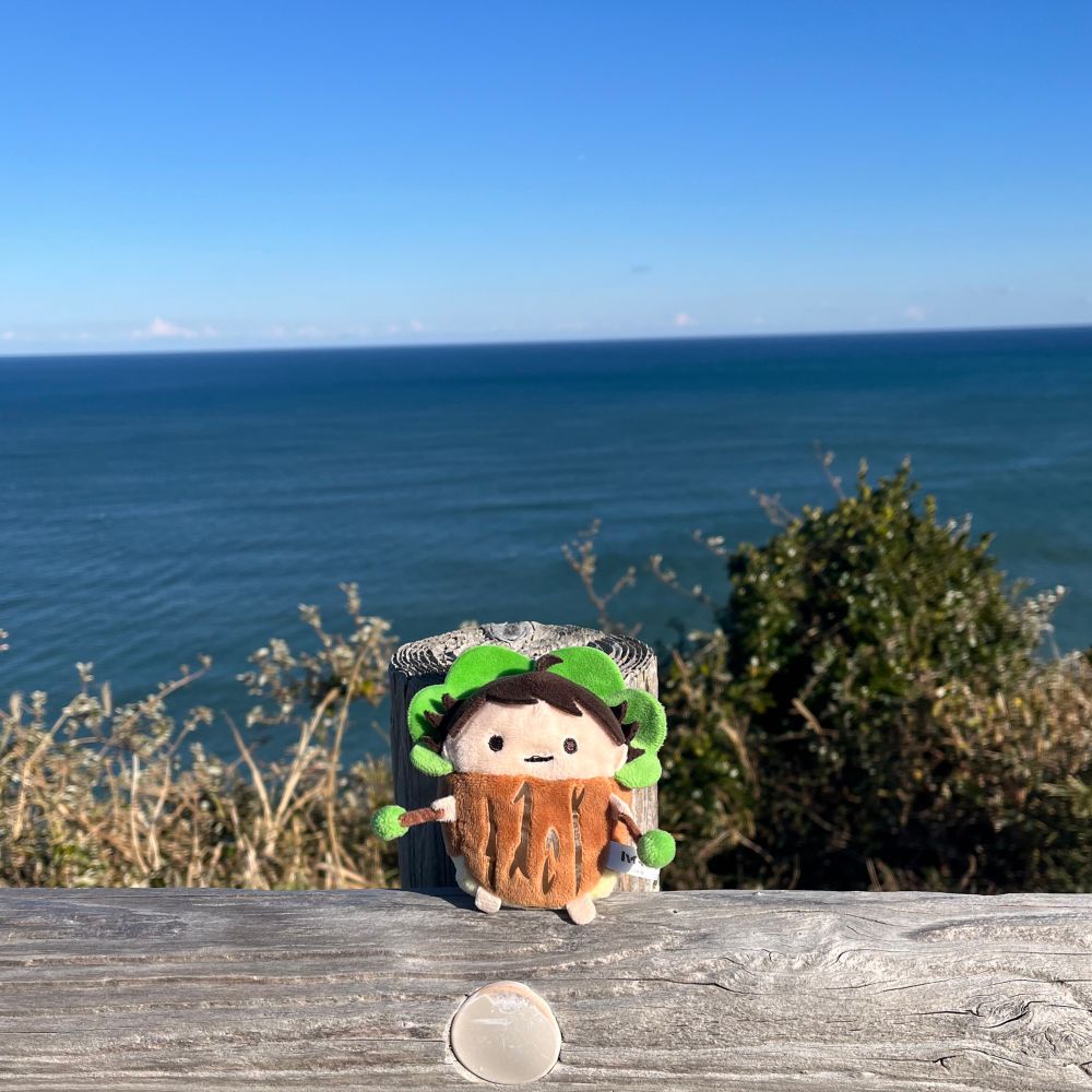 Tree!kawa posing in front of the beautiful view of the ocean outside of Taito Toudai.