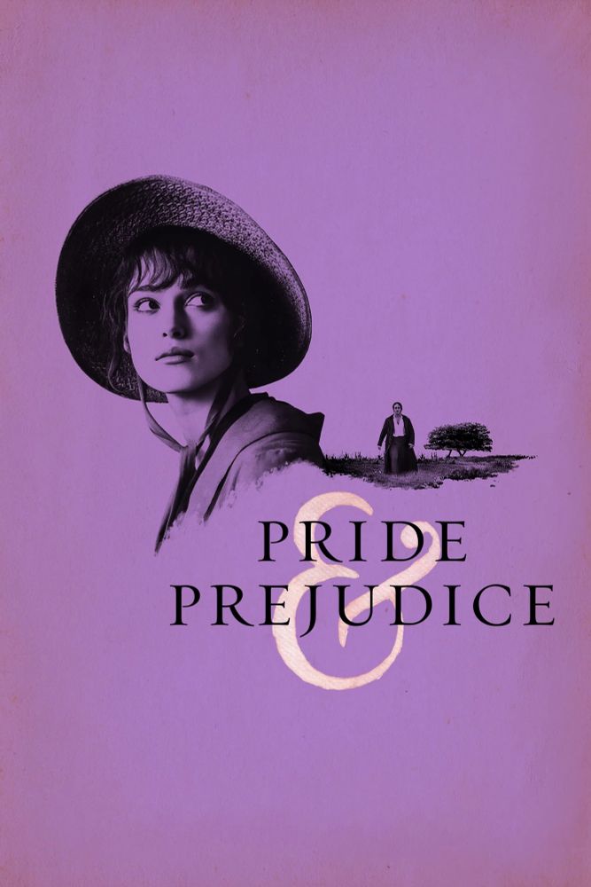 Pride & Prejudice 20th Anniversary poster featuring purple background with Elizabeth Bennet in a hat and Darcy walking in a long coat