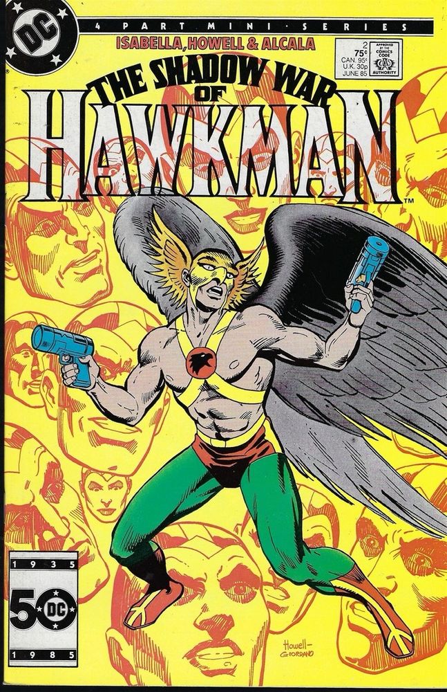 Comic cover to The Shadow War of Hawkman #2 with Carter holding twin guns amid a yellow background 