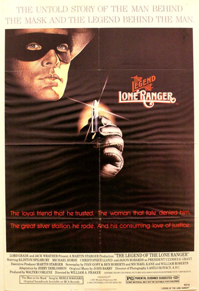 Movie poster for The Legend of the Lone Ranger featuring the masked man holding a silver bullet