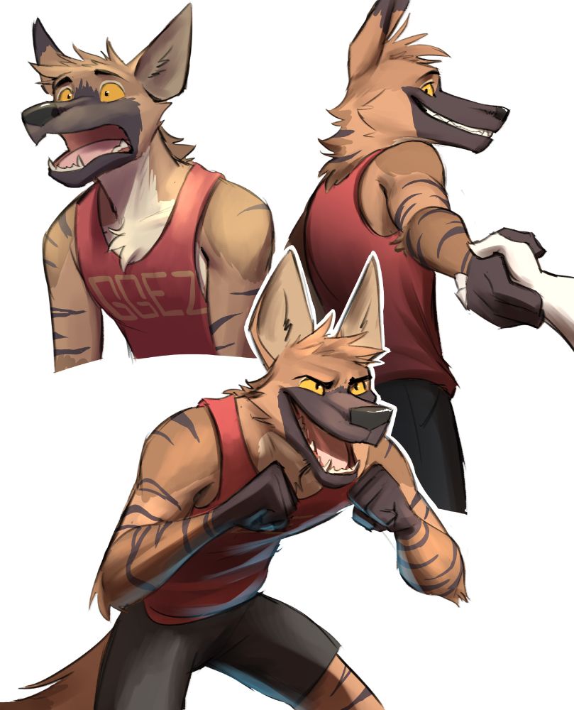 the striped hyena Redline from the vn Undefeated drawn 3 times. In one he's looking baffled. In one he's dragging Zander by the arm. And in the third he looks pumped up ready to go! yeah!