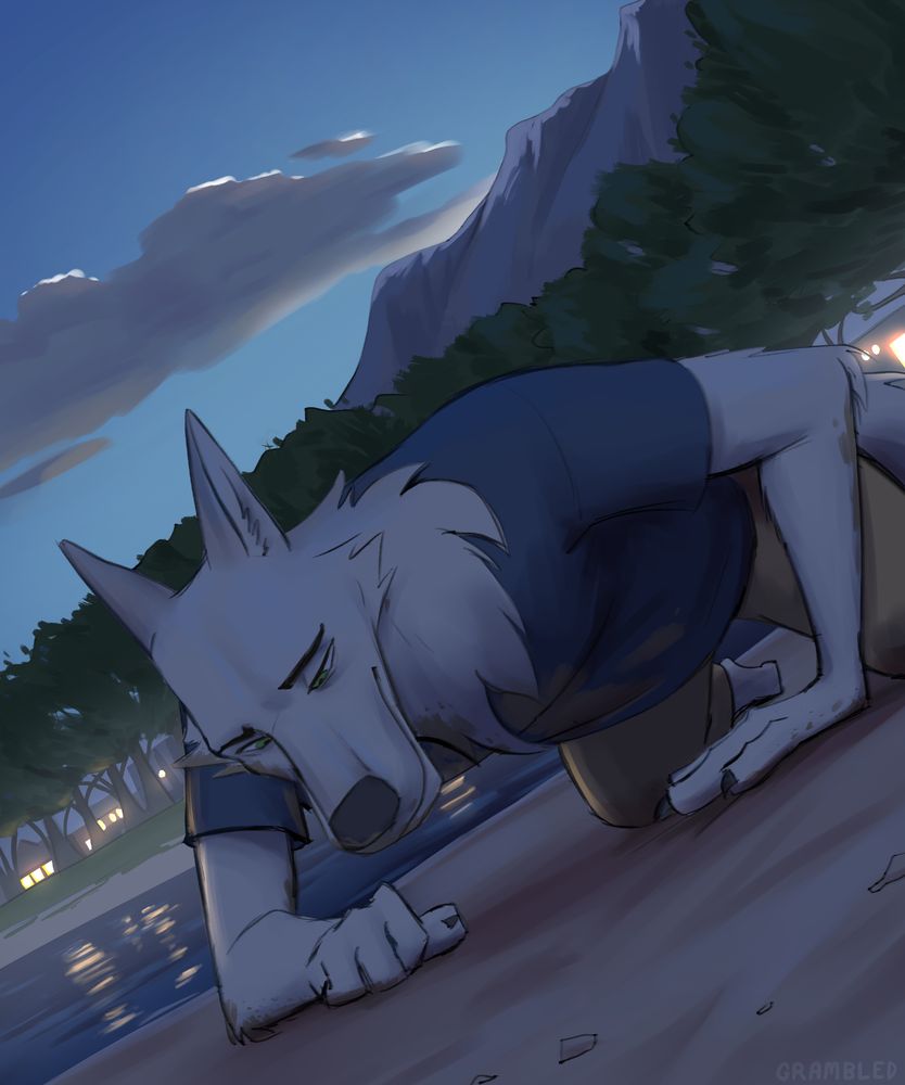 Drawing of a tired-looking anthropomorphic white wolf on his hands and knees on a beach at the crack of dawn