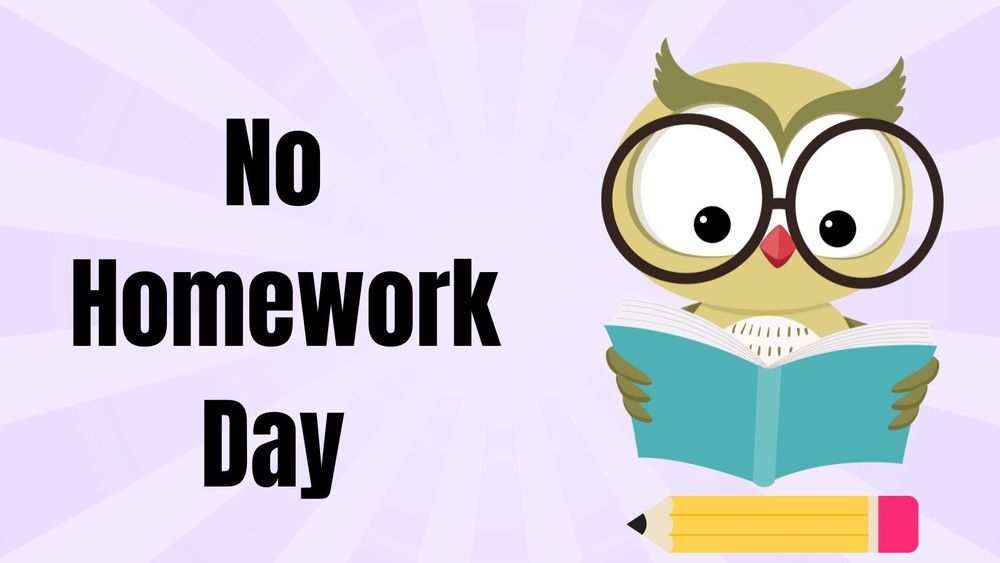A cartoon owl with oversized glasses holds an open teal book, next to bold black text that reads “No Homework Day” on a light purple burst background, with a yellow pencil below.
