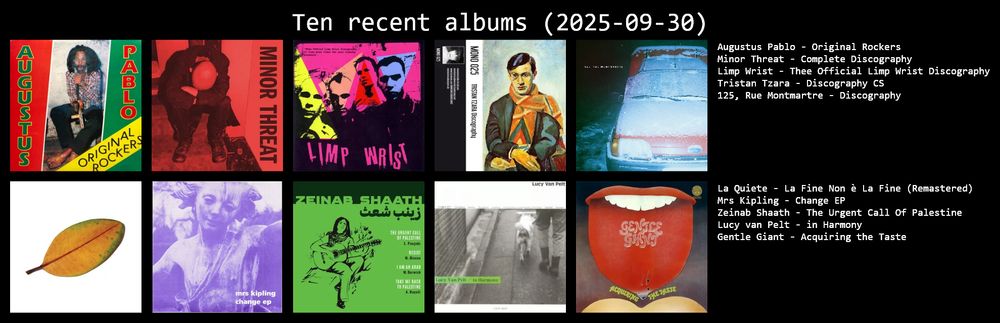 Augustus Pablo - Original Rockers
Minor Threat - Complete Discography
Limp Wrist - Thee Official Limp Wrist Discography
Tristan Tzara - Discography CS
125, Rue Montmartre - Discography

La Quiete - La Fine Non è La Fine (Remastered)
Mrs Kipling - Change EP
Zeinab Shaath - The Urgent Call Of Palestine
Lucy van Pelt - in Harmony
Gentle Giant - Acquiring the Taste