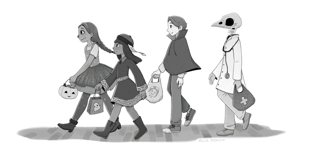 Black and white illustration of a group of kids walking together with their halloween costumes and candy bags. The last one is a dead bird skeleton though 