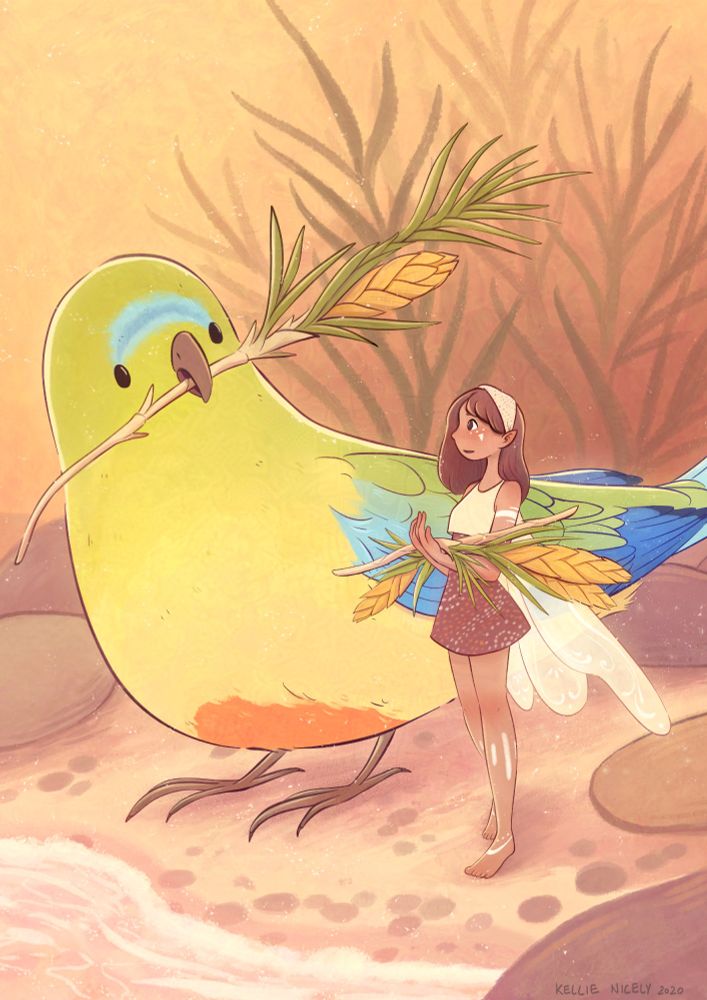 illustration of an orange bellied parrot which is critically endangered and a fairy picking grasses up on the shore