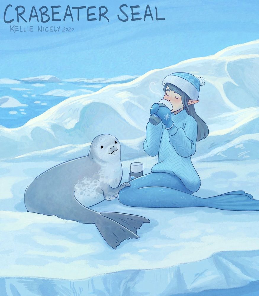 illustration of a mermaid and crabeater seal sitting on an ice block. the mermaid is drinking coffee and has a thermos next to her