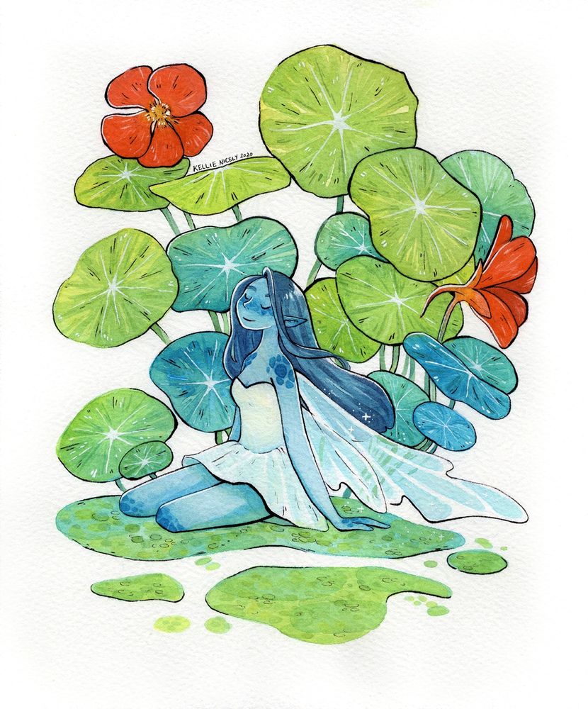 watercolor and ink illustration of my blue mermaid OC but in fairy form sitting underneath some nasturtiums 