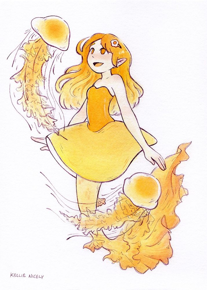 Traditional Watercolor & Ink illustration of a mermaid with Egg Yolk Jellyfish. The mermaid has orange hair that ombres to white at the ends. She is wearing a dress that has an orange top like the center of an egg yolk and the bottom of the dress is like a saucer that is white like an egg, except it's yellow and not white. And then there's two jellyfish swimming around her that are egg yolk jellyfish. And then I realized after the fact that egg yolk jellyfish are like SUPER large and idk if the size here is factually correct oops
