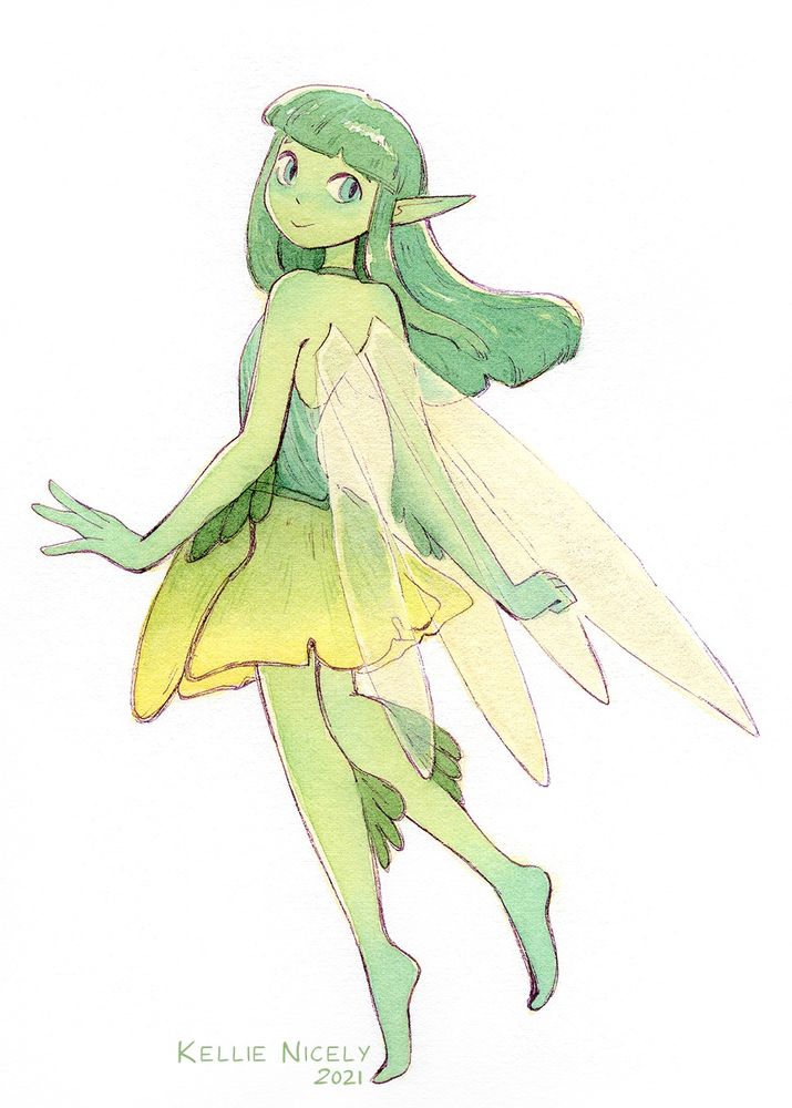 Traditional watercolor & ink drawing of my Ginkgo fairy OC. She has green skin like the green giant on the frozen food vegetables and she has leafy green appendages on her arms and legs. She has a dress with a dark top and the bottom of the dress is yellow-green ginkgo leaves. She has dark green hair with even bangs and straight cut long hair past the shoulder. And she has yellowish pale sparkley wings.