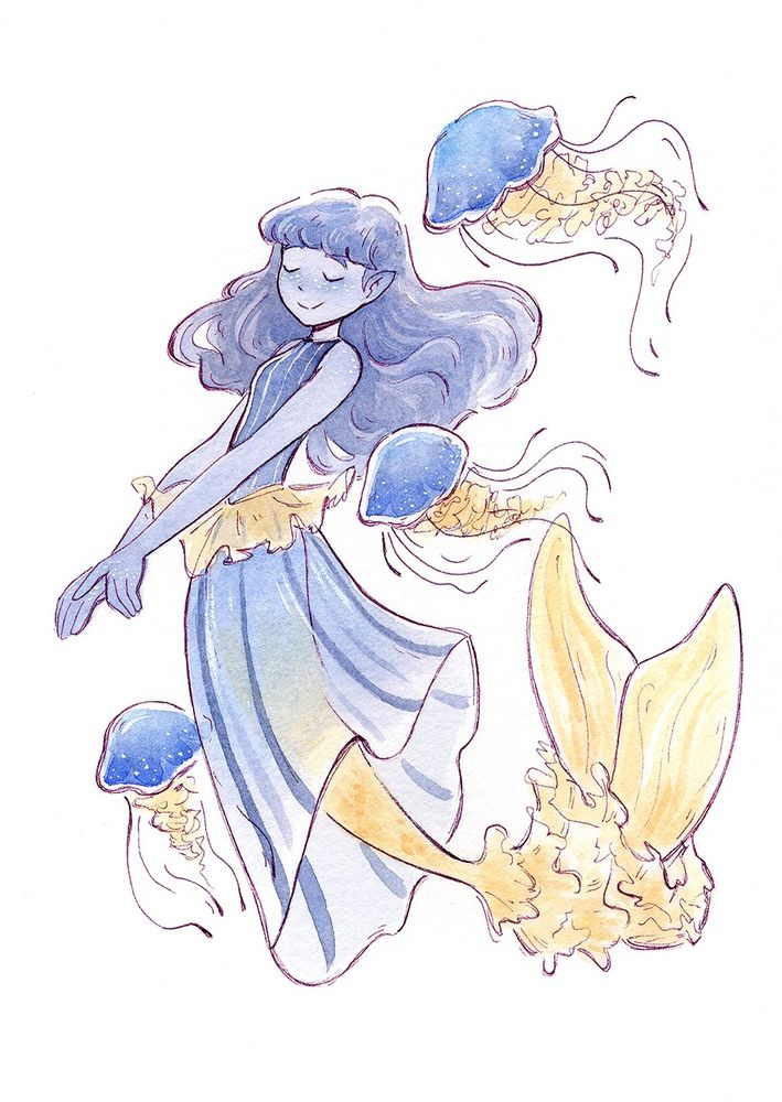 Traditional Watercolor & Ink illustration of a mermaid with Blue Jellyfish. There are 3 Blue Jellyfish swimming around her. Her color palette is medium blue-purple with hints of cream yellow. She has wavy dark purple blue hair with straight cut bangs. Her top is a ribbed top and then at the waist is some frilly yellow frills and then she has a long either dress bottom or skirt that is translucent with dark blue stripes. And her tail is that cream yellow with lots of frills at the bottom before the standard mermaid fish tail. I think frills at the end of mermaids is super cute and extra and it matches the jellyfish.