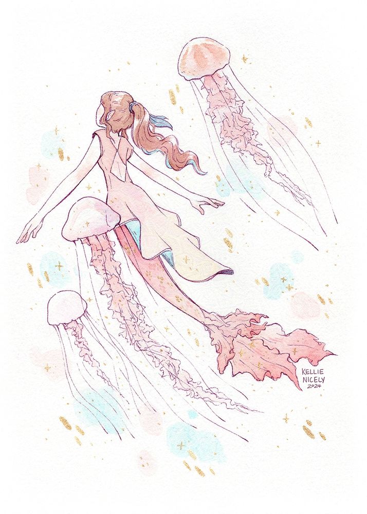 watercolor and pen illustration of a mermaid swimming with Atlantic sea nettle. The colors are pastel soft pinks and hints of bright sea blues