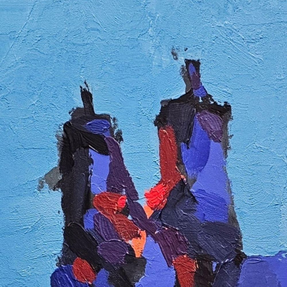 Abstracted painting of two people standing against a light blue background.