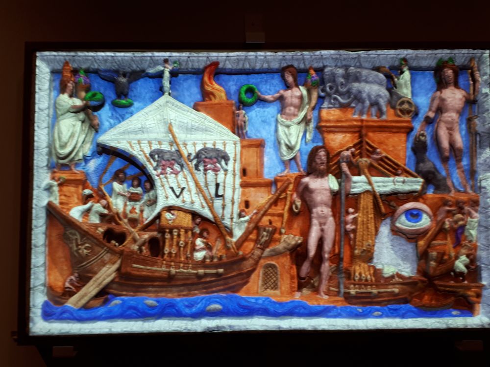 The Torlonia relief in colors. Recreation projected at the exhibition Ostia. Gateway to Rome. Vapriikki museum, Tampere. https://www.vapriikki.fi/en/exhibition/ostia-gateway-to-rome/ 
