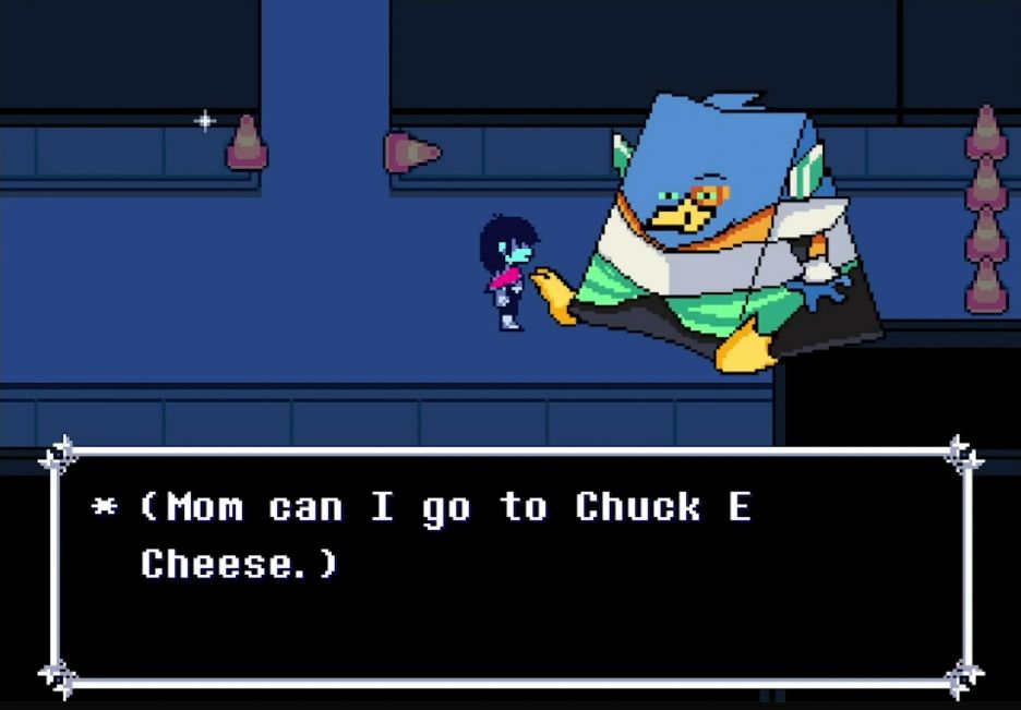 Screenshot of a modded version of Deltarune in which Berdly is large and triangular like the meme of Jerry from Tom and Jerry after eating  cheese. The textbox says, "Mom can I go to Chuck E Cheese.)