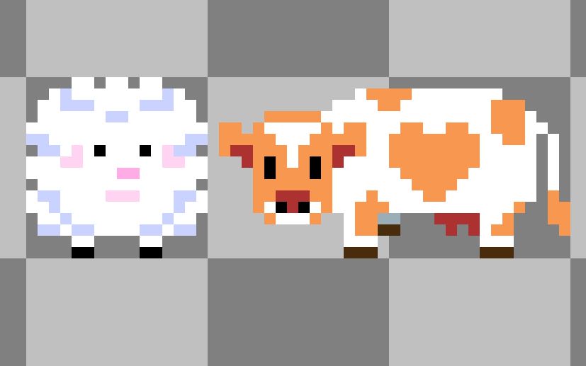 16 bit Pixel art of a front-facing blob of a sheep and a cow
