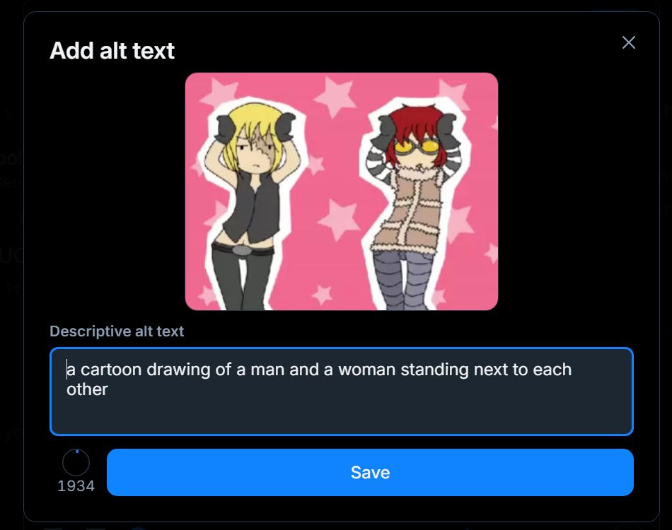 a bad ai description of the gif of Matt and Mello that states they are "a man and a woman standing next to each other"