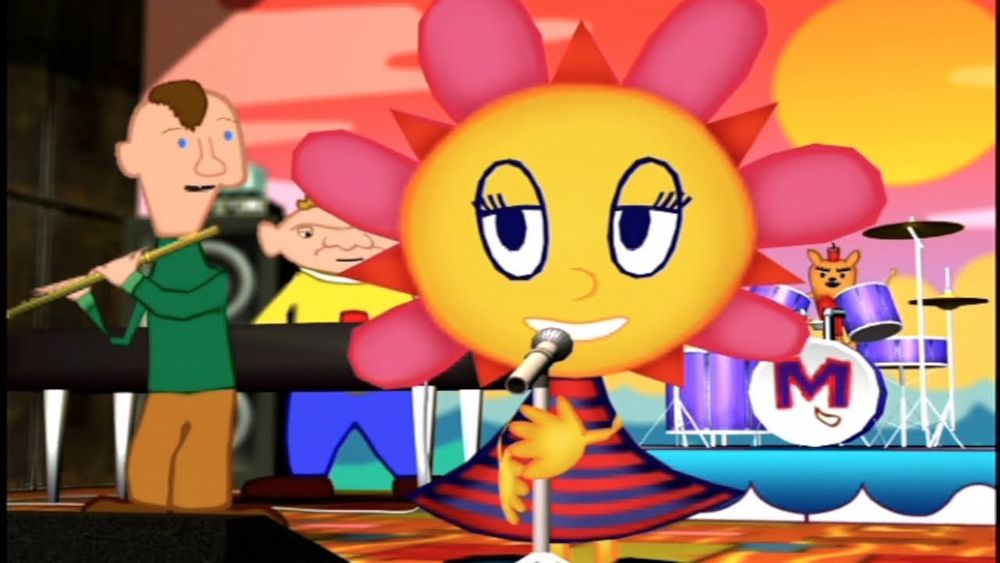 Screenshot of Sunny Funny from Parappa the Rapper singing into a microphone