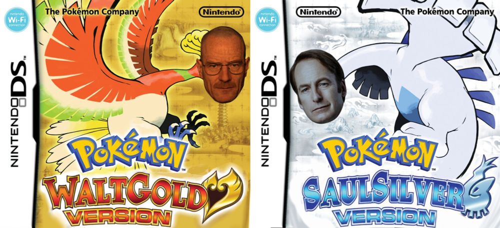Pokemon HeartGold and Pokemon Soulsilver bix art with Ho-Oh's head replaced with WEalter White and Lugia replaced with Saul Goodman. The text has been altered on both to read "Pokemon WaltGold version" and "Pokemon SaulSilver version"