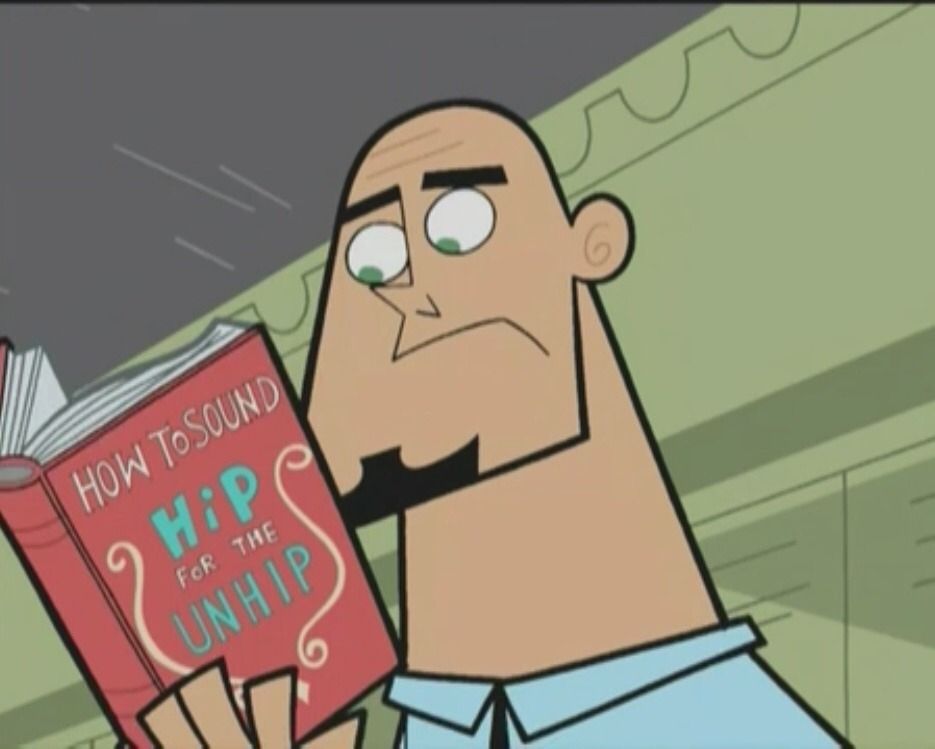 Screenshot of Mr. Lancer from Danny Phantom holding a book called "How to Sound Hip for the Unhip" in an episode where he tries to use popular teen slang to relate to his students 