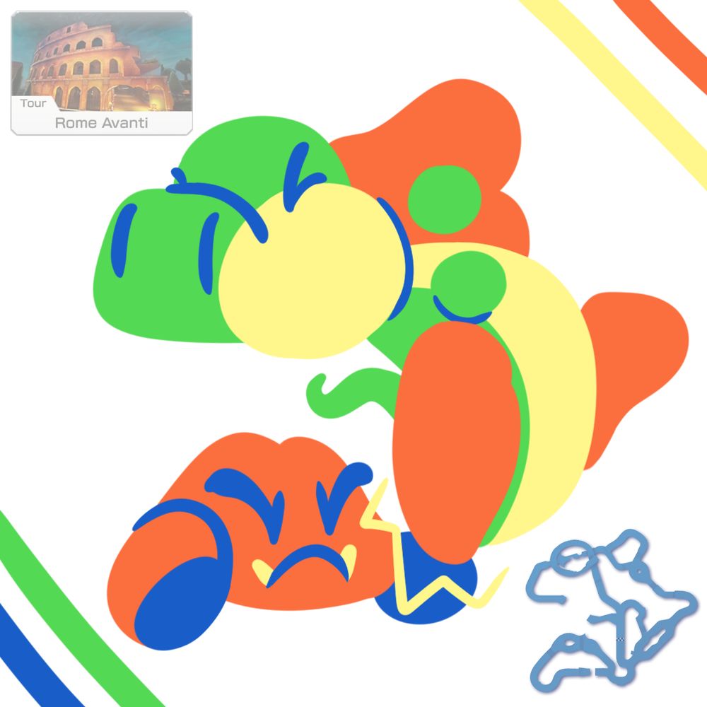 A map of the Mario Kart track "Rome Avanti" next to a drawing of Yoshi that is shaped like the map.
