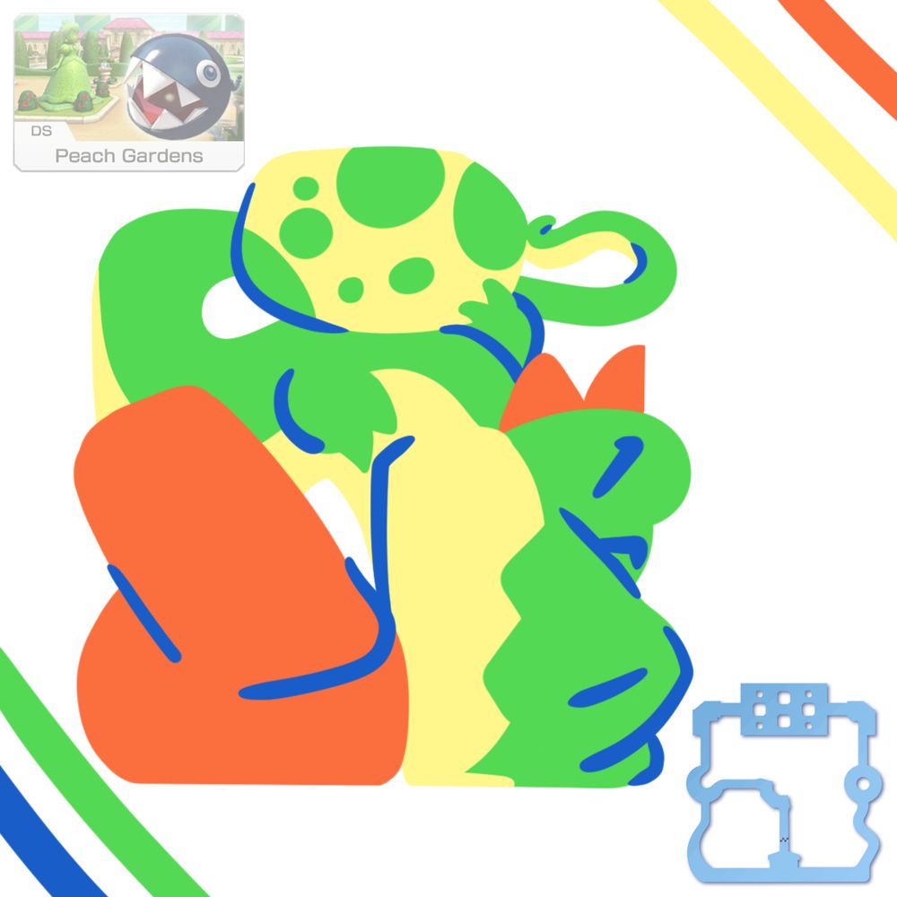 A map of the Mario Kart track "Peach Gardens" next to a drawing of Yoshi that is shaped like the map.
