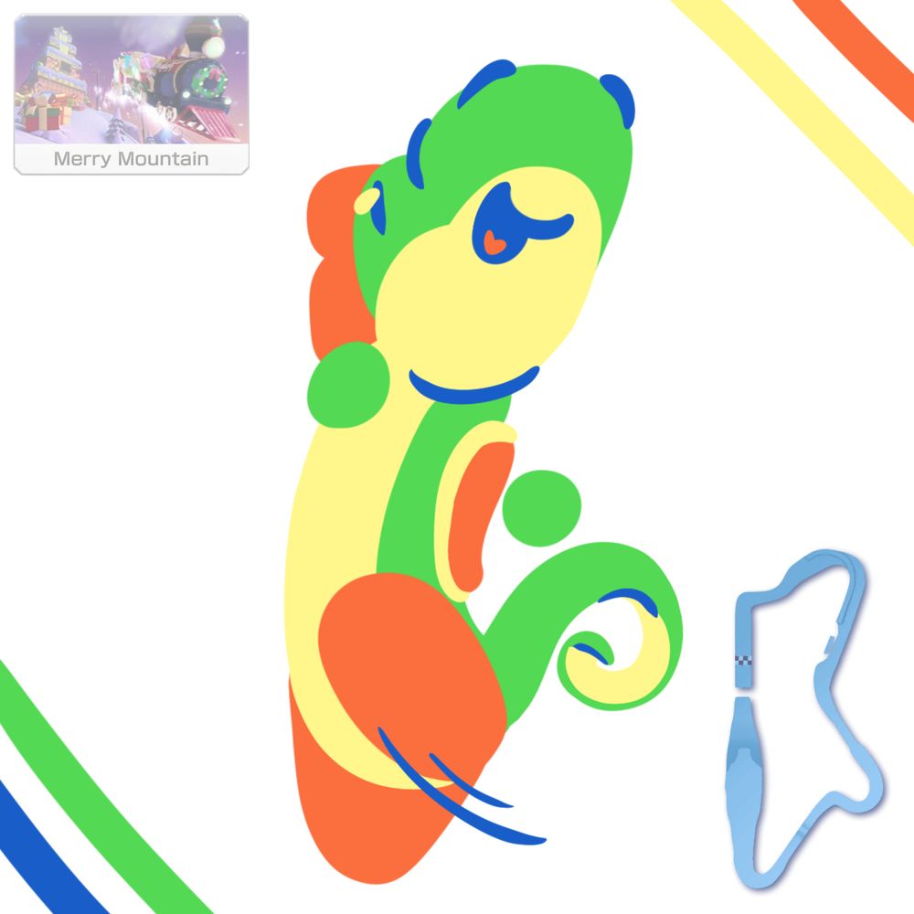 A map of the Mario Kart track "Merry Mountain" next to a drawing of Yoshi that is shaped like the map.
