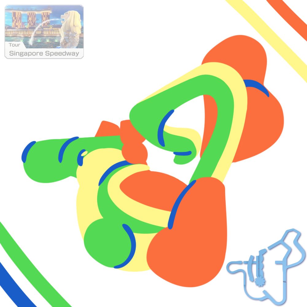 A map of the Mario Kart track "Singapore Speedway" next to a drawing of Yoshi that is shaped like the map.
