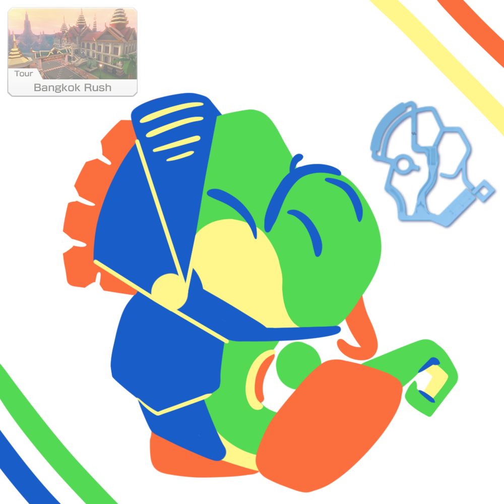 A map of the Mario Kart track "Bangkok Rush" next to a drawing of Yoshi that is shaped like the map.
