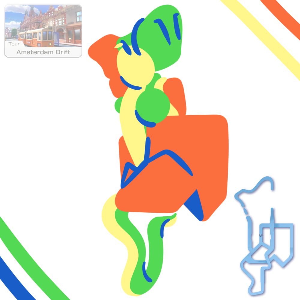 A map of the Mario Kart track "Amsterdam Drift" next to a drawing of Yoshi that is shaped like the map.
