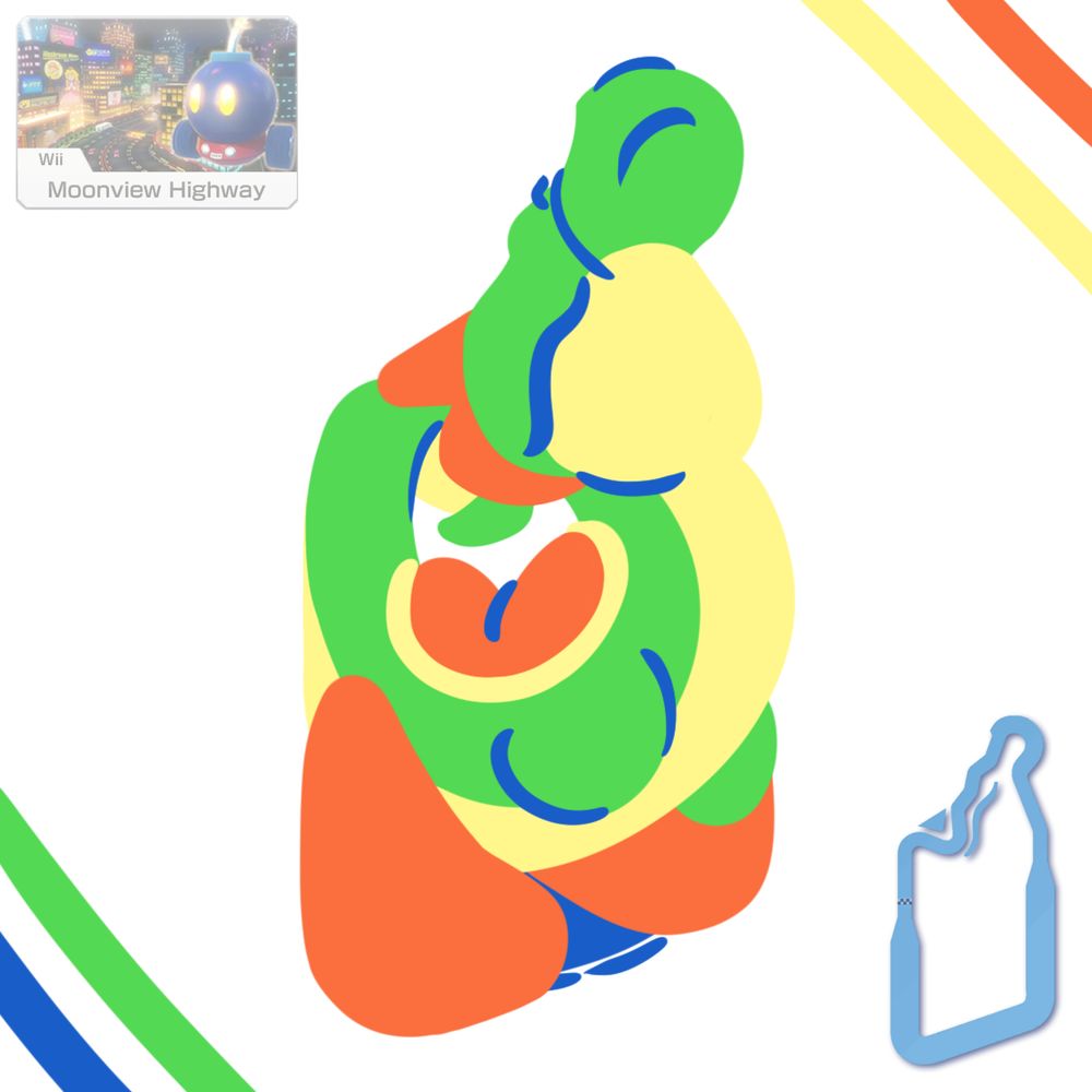 A map of the Mario Kart track "Moonview Highway" next to a drawing of Yoshi that is shaped like the map.

