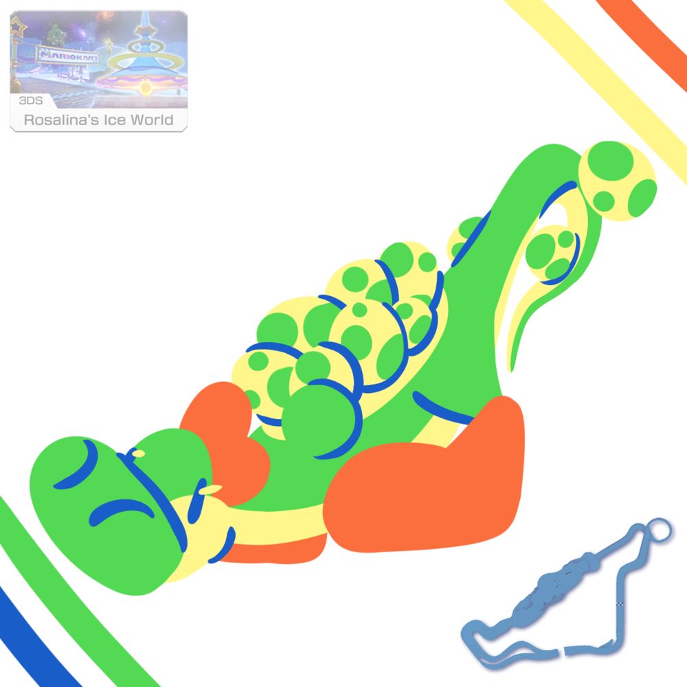 A map of the Mario Kart track "Rosalina's Ice World" next to a drawing of Yoshi that is shaped like the map.
