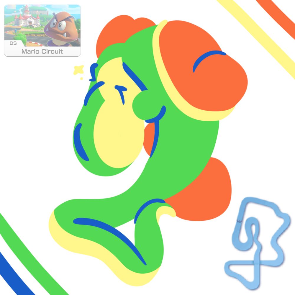 A map of the Mario Kart track "DS Mario Circuit" next to a drawing of Yoshi that is shaped like the map.

