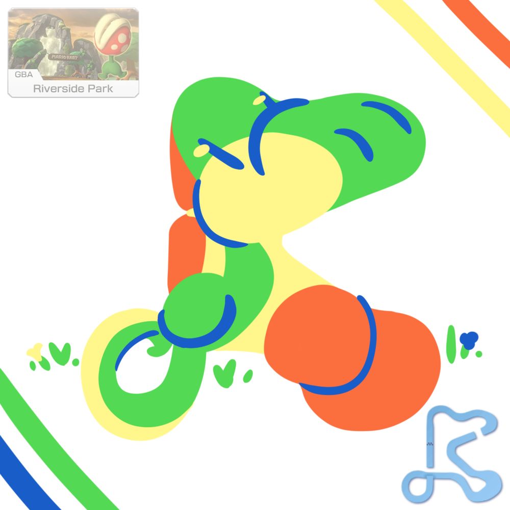 A map of the Mario Kart track "Riverside Park" next to a drawing of Yoshi that is shaped like the map.
