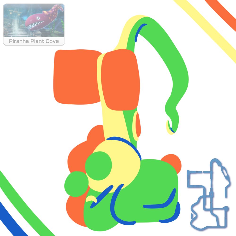 A map of the Mario Kart track "Piranha Plant Cove" next to a drawing of Yoshi that is shaped like the map.
