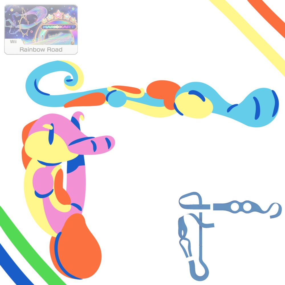 A map of the Mario Kart track "Wii Rainbow Road" next to a drawing of Yoshi that is shaped like the map.
