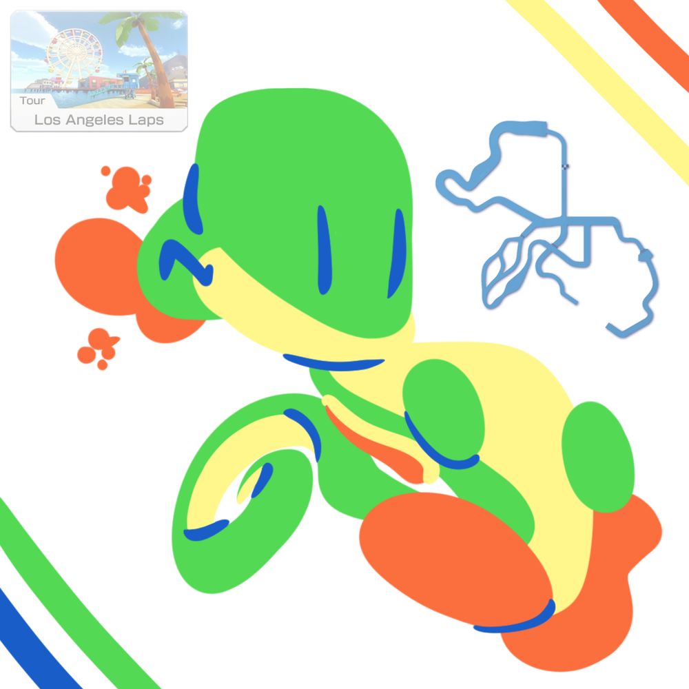 A map of the Mario Kart track "Los Angeles Laps" next to a drawing of Yoshi that is shaped like the map.
