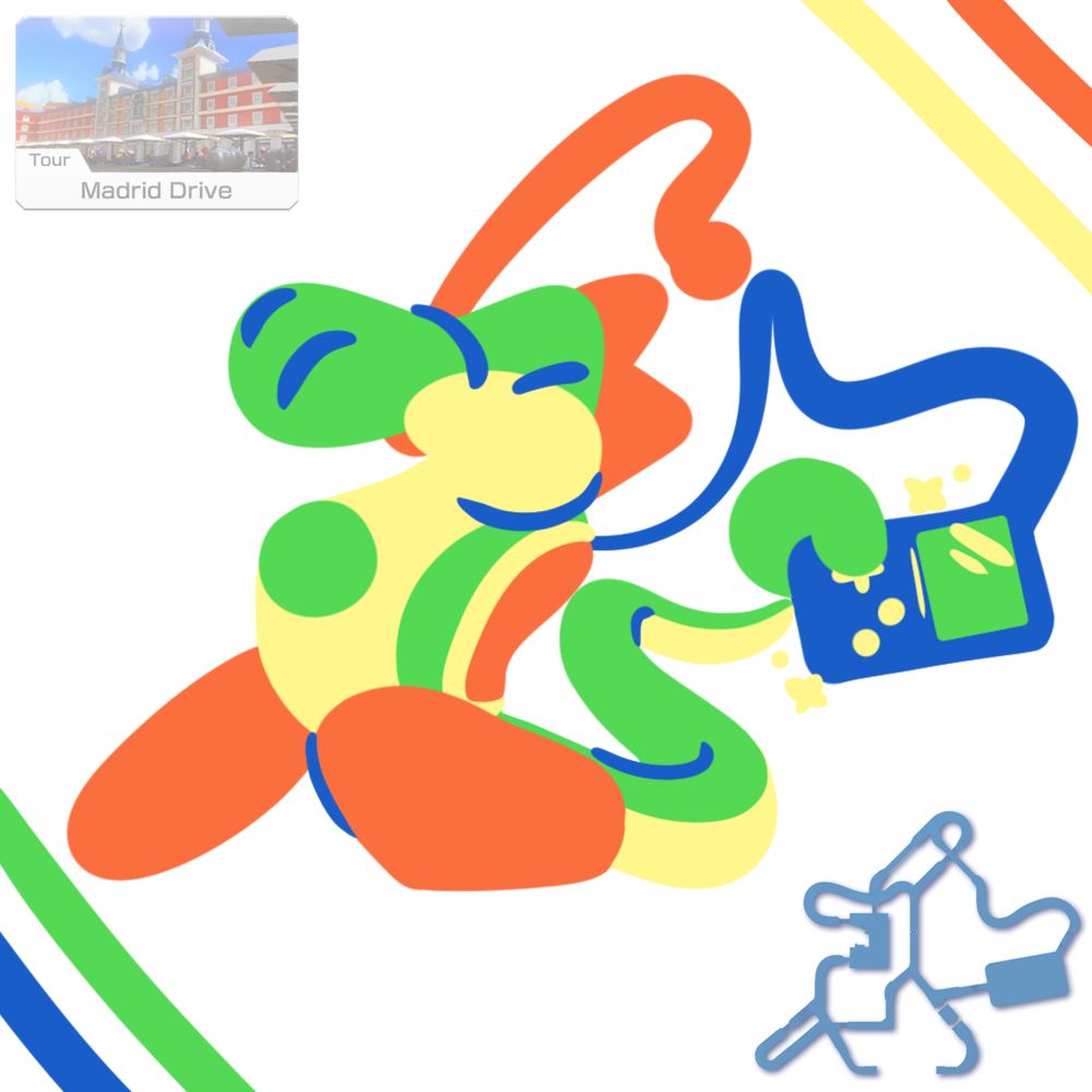 A map of the Mario Kart track "Madrid Drive" next to a drawing of Yoshi that is shaped like the map.
