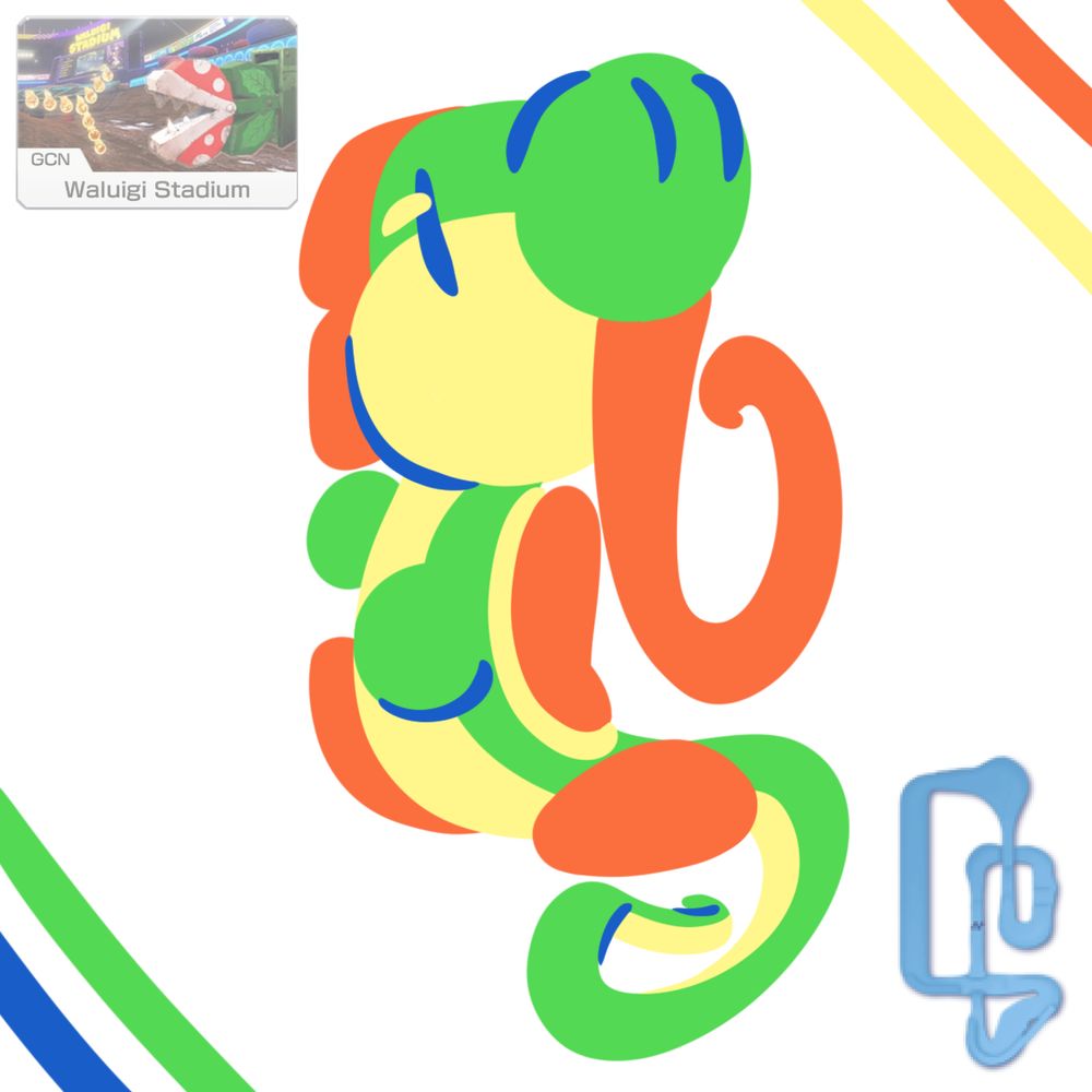 A map of the Mario Kart track "Waluigi Stadium" next to a drawing of Yoshi that is shaped like the map.
