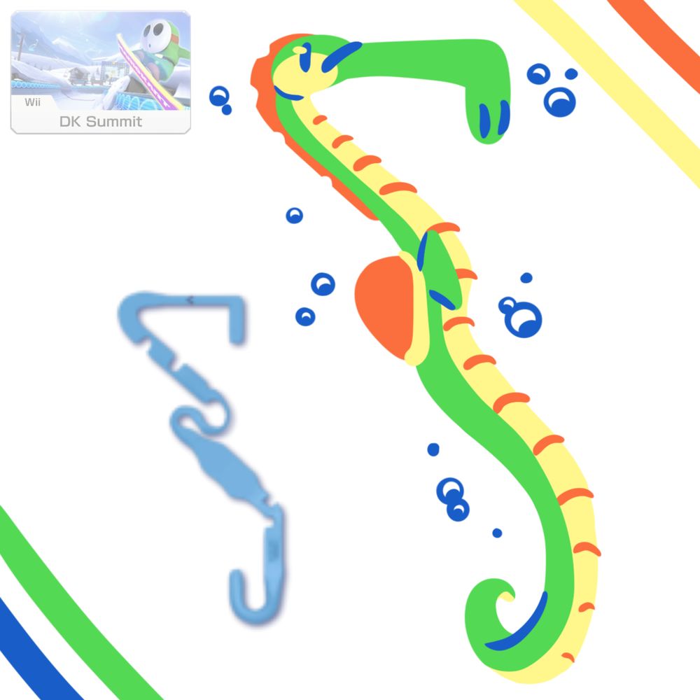 A map of the Mario Kart track "DK Summit" next to a drawing of Yoshi that is shaped like the map.
