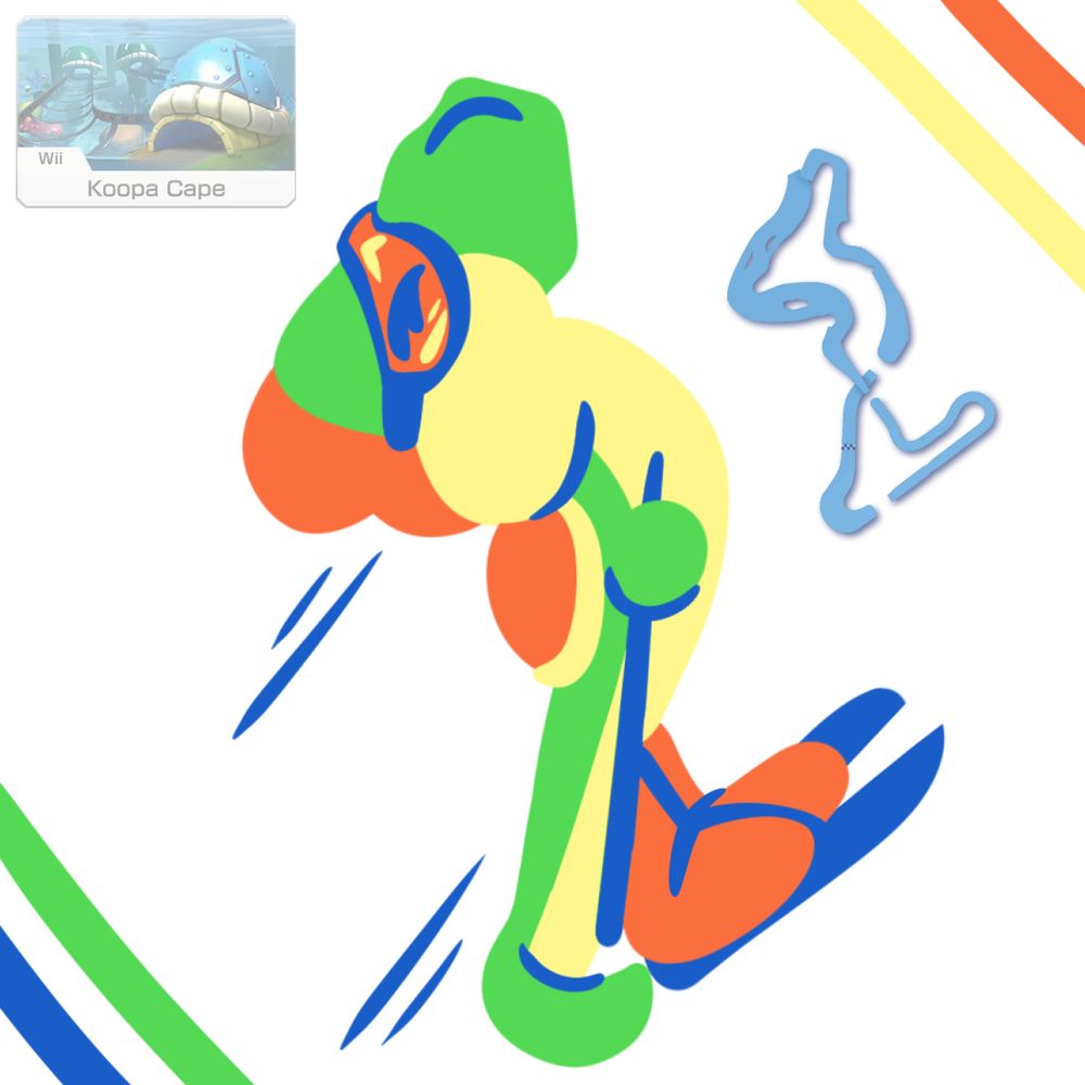 A map of the Mario Kart track "Koopa Cape" next to a drawing of Yoshi that is shaped like the map.
