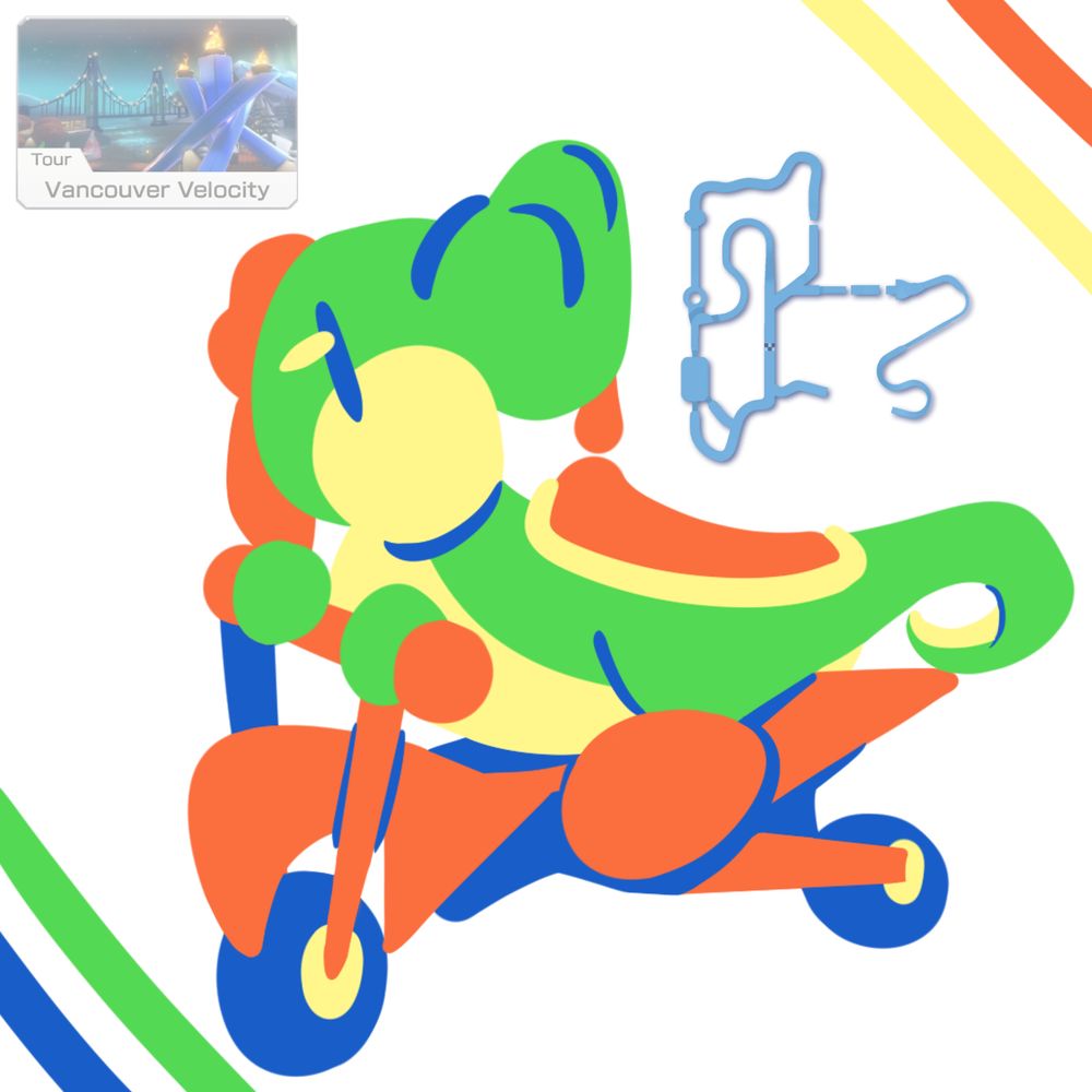 A map of the Mario Kart track "Vancouver Velocity" next to a drawing of Yoshi that is shaped like the map.
