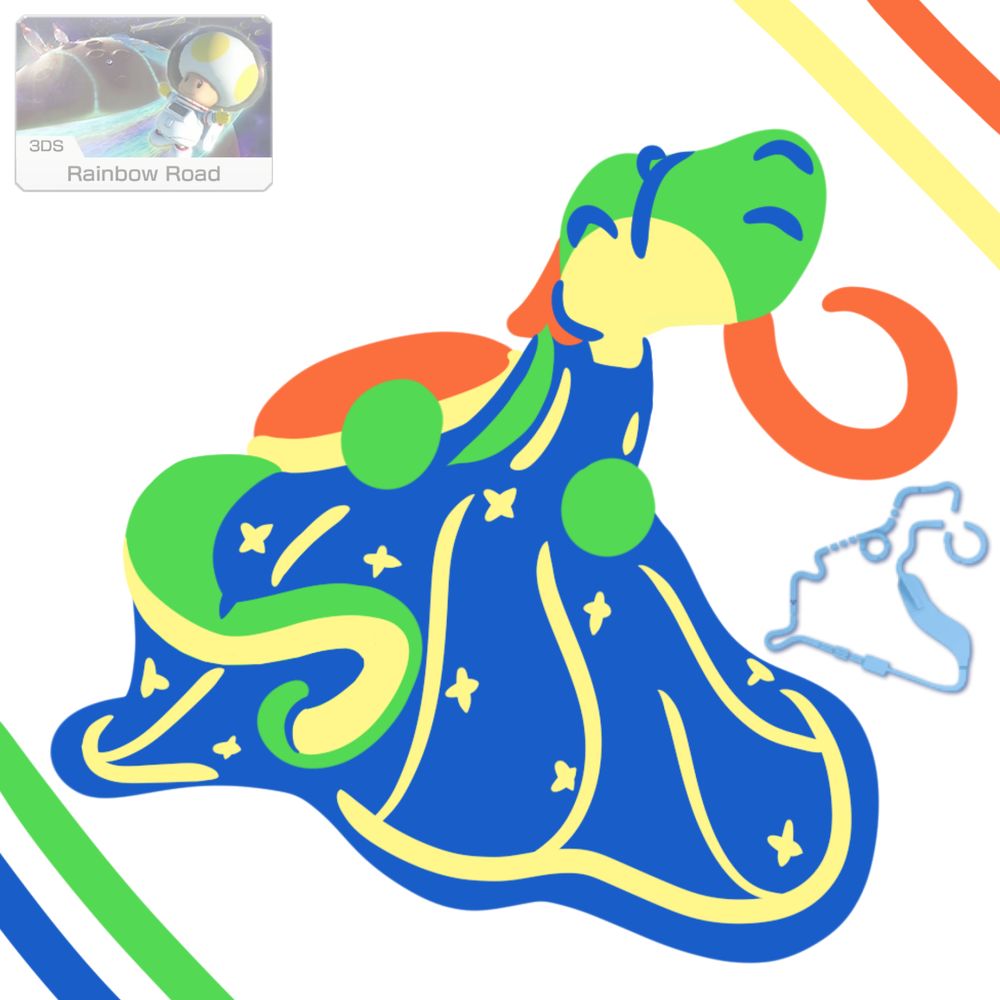 A map of the Mario Kart track "3DS Rainbow Road" next to a drawing of Yoshi that is shaped like the map.
