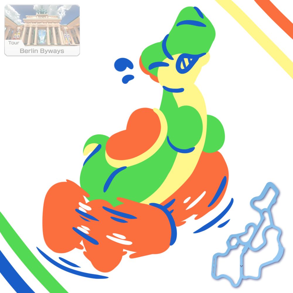A map of the Mario Kart track "Berlin Byways" next to a drawing of Yoshi that is shaped like the map.
