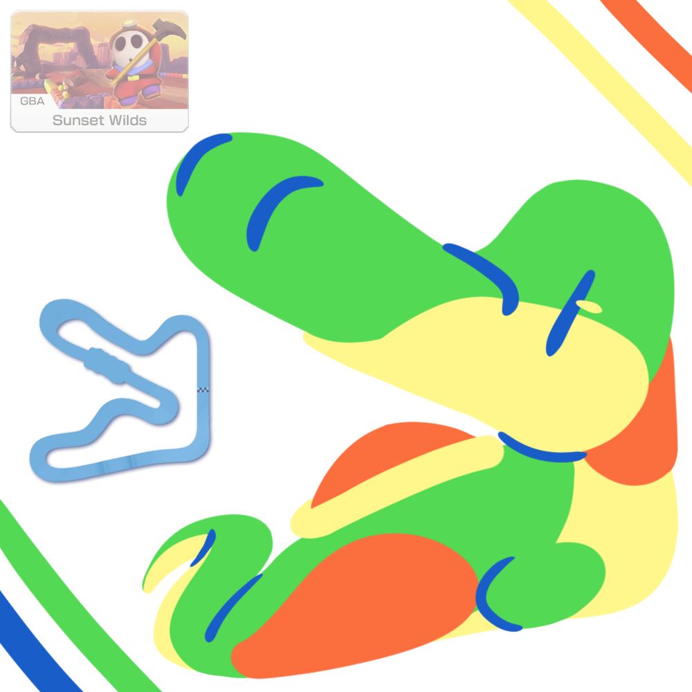 A map of the Mario Kart track "Sunset Wilds" next to a drawing of Yoshi that is shaped like the map.
